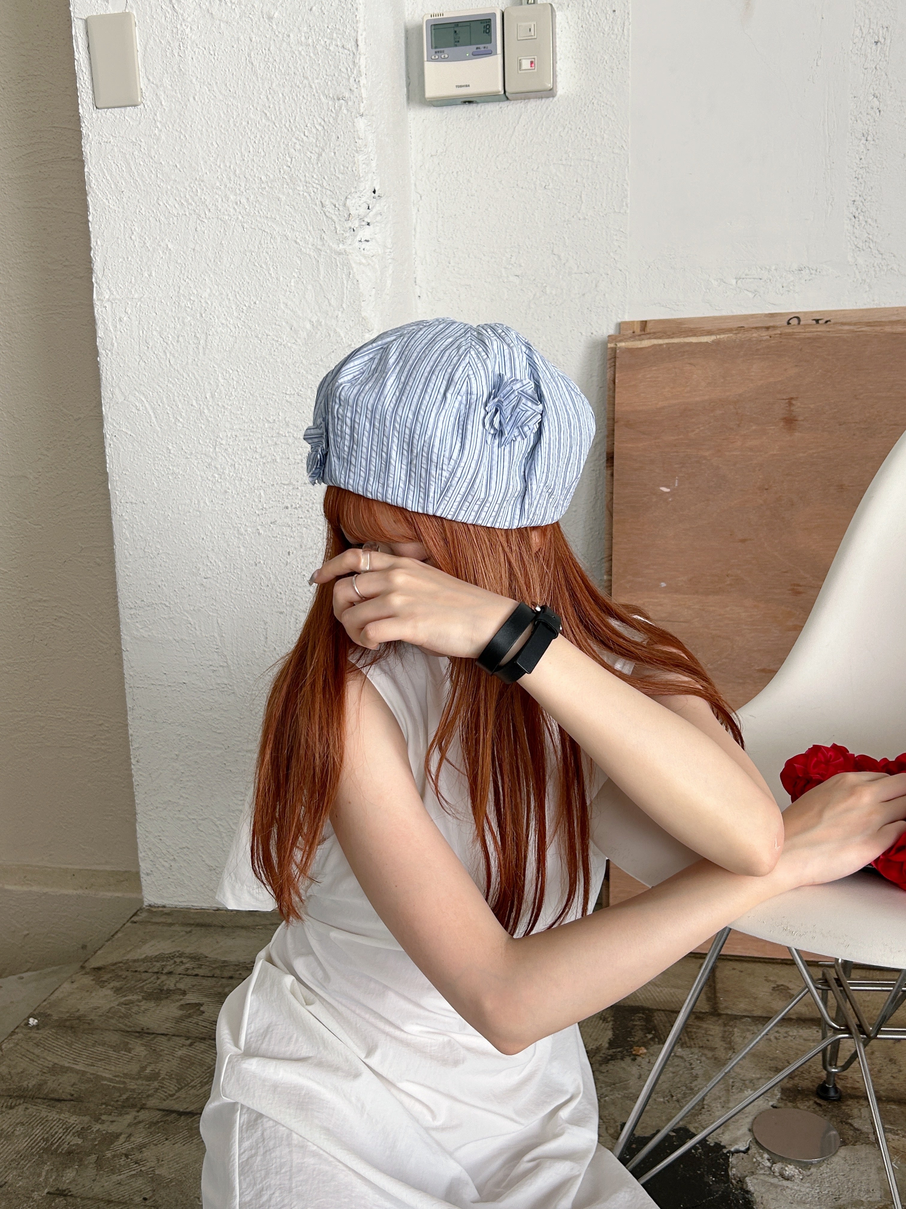 Seersucker Striped Floral Beret