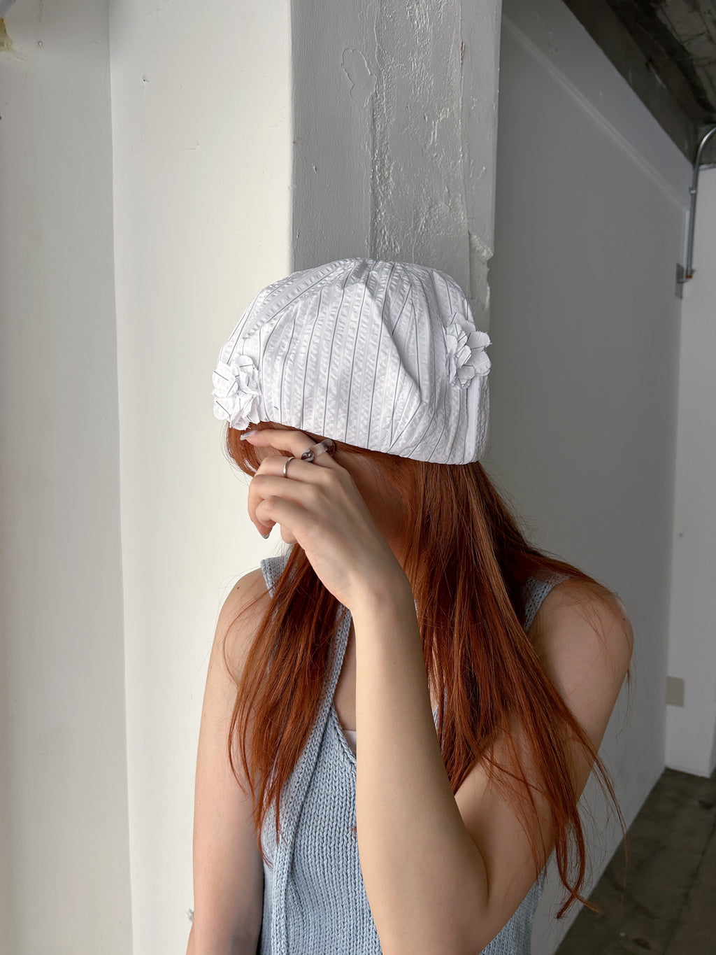 Seersucker Striped Floral Beret